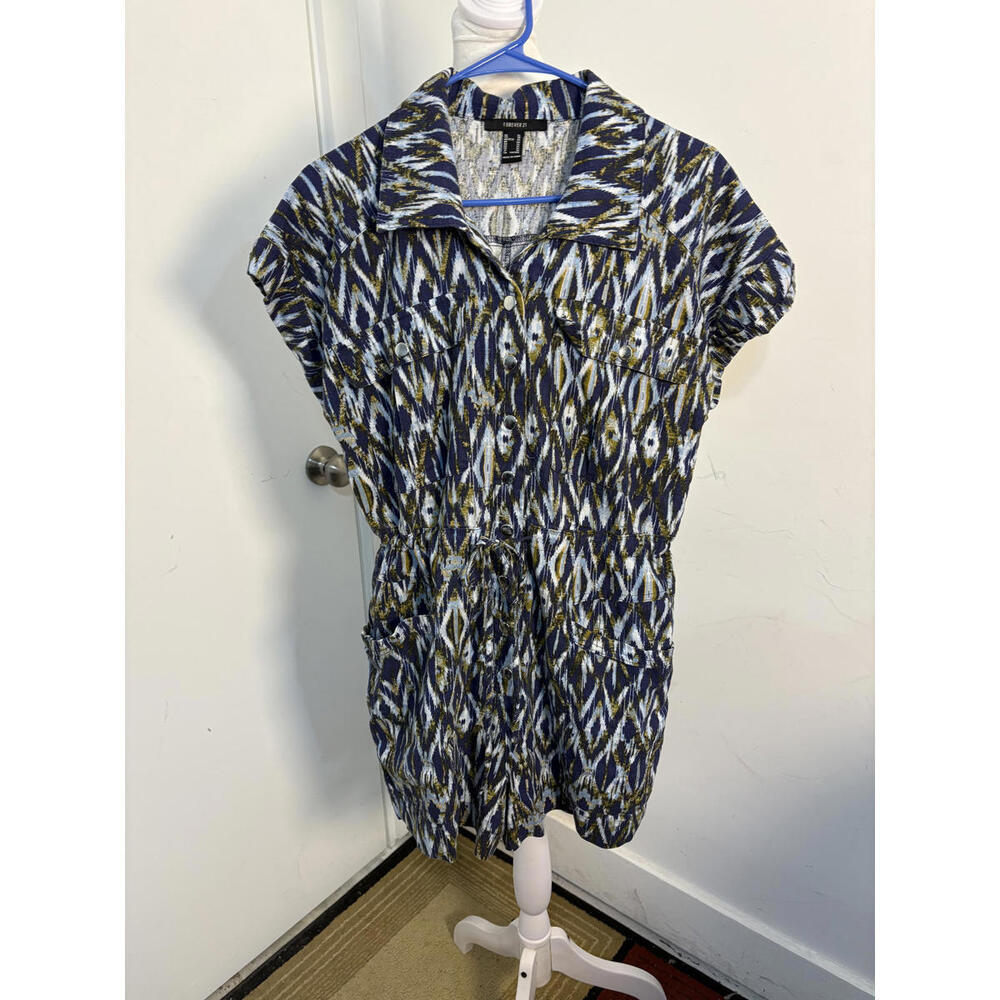 Forever 21 Patterned Short Sleeve Romper with Drawstring Waist Snap up, XL‎ NWOT